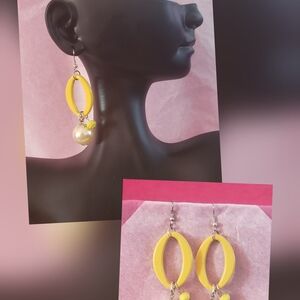 Yellow Oval Drop Earrings with Pearl Accent